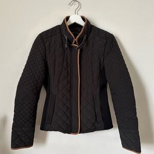 Zara Diamond Quilted Fitted Black Jacket With Tan Trim Size S